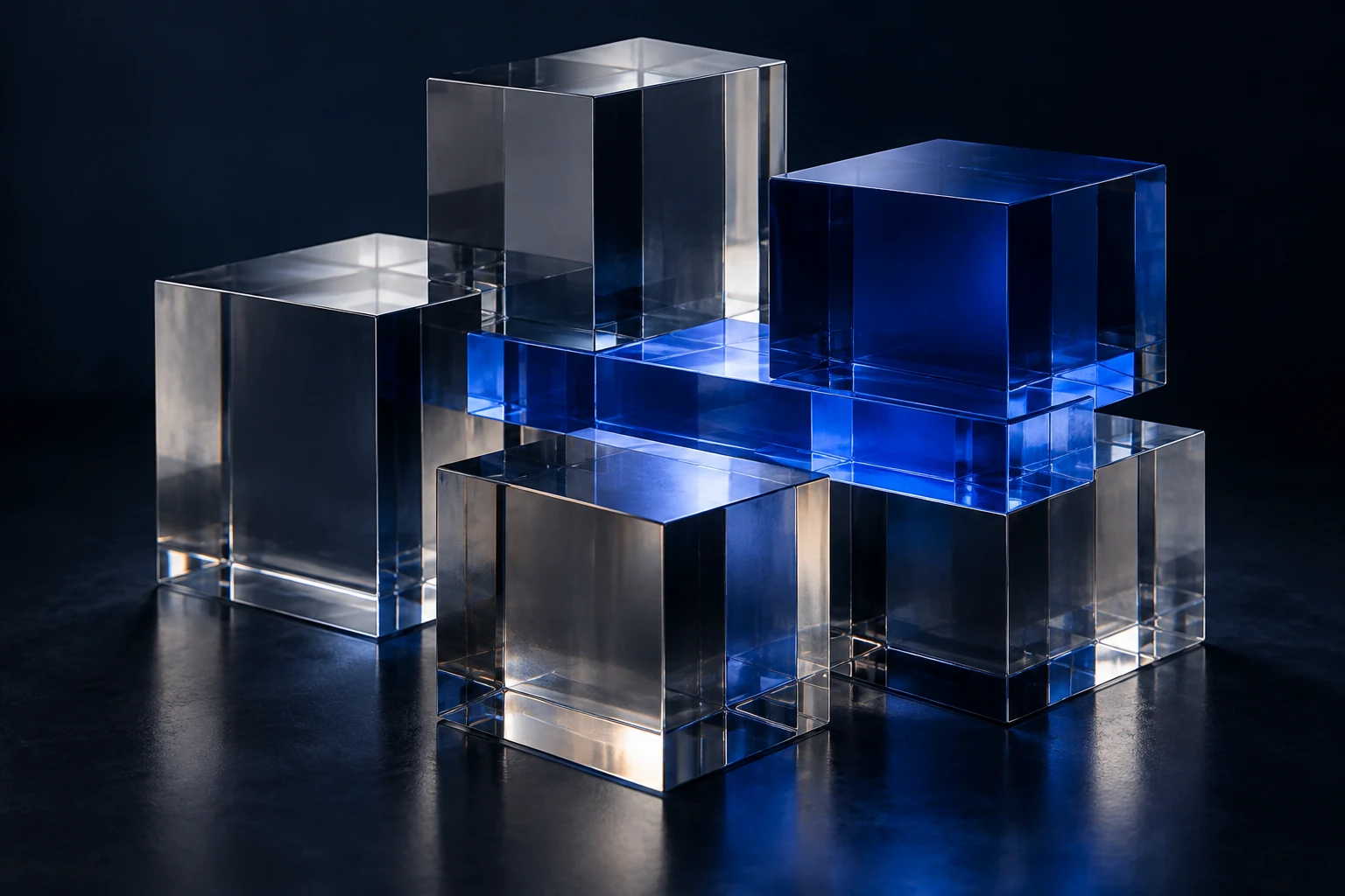 Arquitetura modular de vidro e metal azul, com um núcleo de luz a ligar as diferentes camadas